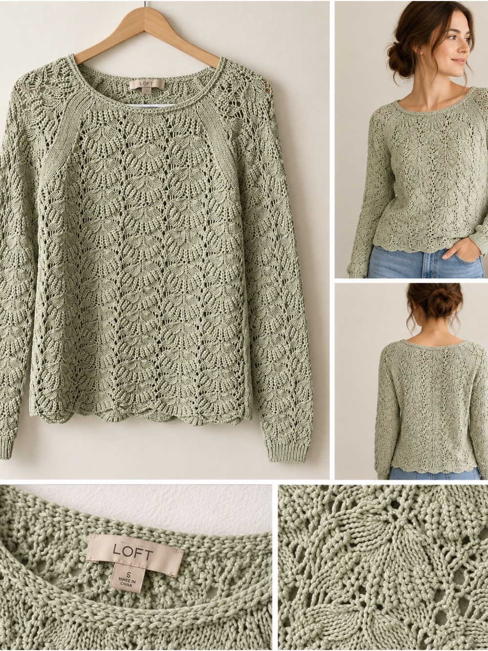 LOFT Light Sage Crochet Crewneck Sweater